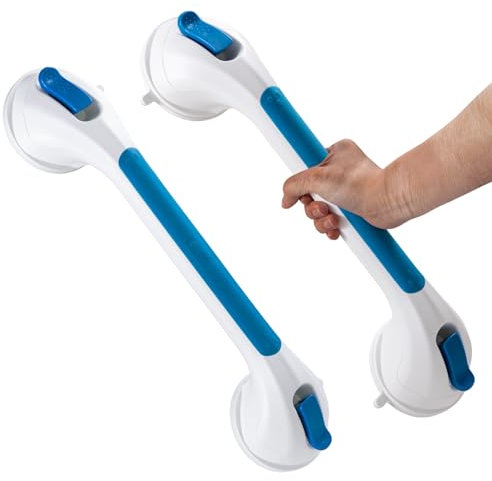TAILI Haltegriffe für Senioren 2 Stück, MAX 110 KG Haltegriff Dusche ohne Bohren, 43 CM Duschgriff für Senioren ohne Bohren, Abnehmbare Duschgriff mit Saugnapf, Badewannengriff, Griffstangen, Blau