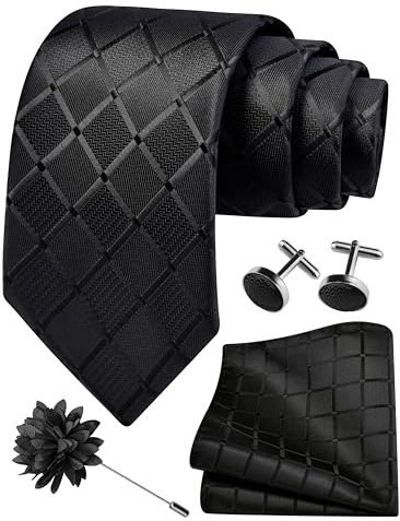 Gusleson Mens Black Tie for Wedding Solid Silk Plaid Checkered Necktie Pocket Square Cufflinks and Lapel Pin Brooch Set (UK6104-24)