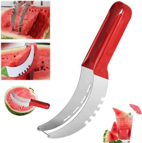 Watermelon Slicer Cutter - Stainless Steel Melon Cutter - Watermelon Cutter Slicer Tool - Watermelon Cutting Fork - Multifunctional Fruit Fork - for Cantaloupe Papaya Dragon Fruit Watermelon (Red)
