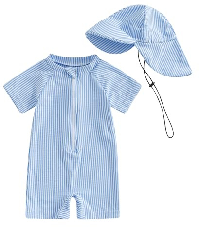 Vioyavo Newborn Toddler Boys One-Pieces Swimwear Summer Short Sleeve Striped Swimsuit Half Zipper Rash Guard Sunhat Set Bathing Suit (Blue, 6-12 Months)
