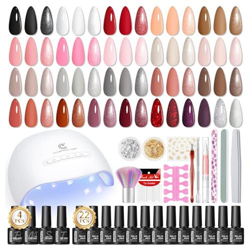 PEACECOLOR 44PCS UV Nagellack Set mit UV/LED Nagellampe, 22 Farben Gel Nagellack Set+4 Base Top Coat mit Matte und Glitzer, Rot Rosa Nude Nägel Maniküre Starter Set