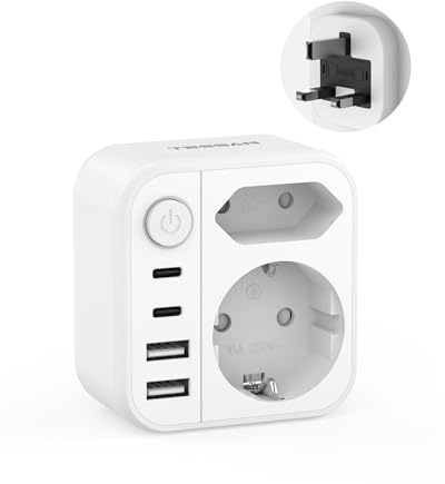 TESSAN Adattatore Presa Inglese con 1 Interruttore, Adattatore UK con Spina Europea e Schuko, 4 USB (2 USB C), Presa Inglese per Italia verso Gran Bretagna, Irlanda, Londra, Scozia, Kenia, (Tipo G)