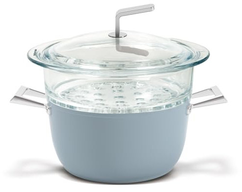 TVS PENTOLE Set per Cotture a Vapore Luna Induction, Casseruola Antiaderente Ø20 cm, con inserto forato in Vetro, Adatta all'induzione, Manici in acciaio, Coperchio in vetro, Celeste, Made in Italy