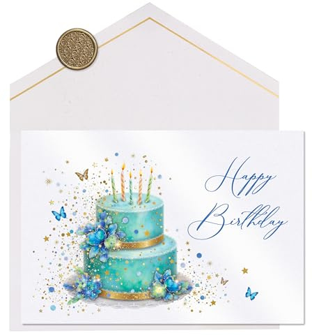 Joli Coon Tarjeta de cumpleaños premium STARDUST Blue Cake – Tarjeta de cumpleaños para hombre con sobre de papel premium y auténtico sello de cera