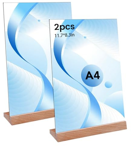 Thboxes 2 unidades de expositores de mesa A4, transparentes, etiquetas de precios, acrílico con base de madera, soporte vertical en L de doble cara para tarjetas de menú, folletos, publicidad