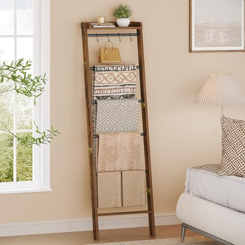 Hzuaneri Blanket Ladder Shelf, Decorative Quilt Rack, 7-Tier Farmhouse Ladder Holder Organizer with 4 Removable Hooks 7.9 D x 17.3 W x 66.9 H, Rustic Brown BR36801B