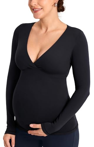 MOMANDA Maternity Nursing Tops Long Sleeve for Breastfeeding Crossover Pregnancy Nursing Shirts Soft Casual Tee Black Large
