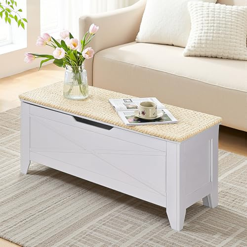 VECELO 43.3 Storage Bench with Handwoven Wicker Cushion, Lift Top Shoe Bench with Safety Hinges, Ideal for Entryway, Bedroom, Living Room, White
