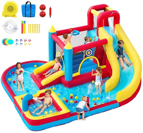 GYMMALL Castello Gonfiabile per Bambini, 8-in-1 con Ventilatore 480W, Scivolo Lungo, Parete da Arrampicata, Trampolino e Piscina, adatto per divertimento interno ed esterno in vacanza