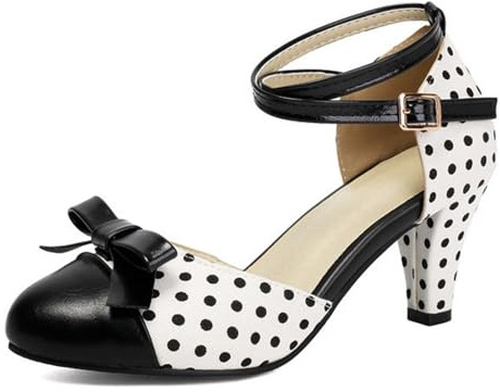 Mary Jane-skor 7 cm hög klack fin prickig rosett pumps rund tå ankelrem för bröllopsklubb