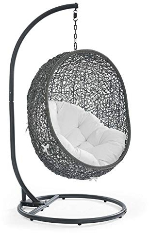 Modway Hide Wicker Rattan Outdoor Patio Porch Lounge Egg Swing Chair Set with Stand in Gray White
