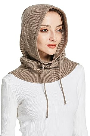 Facecozy Winter Hats for Women, Wool Blend Hooded Scarf Hat for Women Balaclava Knit Skull Cap Beanie Hat Men Neck Gaiters Camel