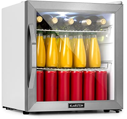Klarstein Beersafe Getränkekühlschrank 47 L – Mini Kühlschrank mit Glastür, Silber-Weiß | LED-Beleuchtung, herausnehmbare Metallablagen, leise, Flaschenkühlschrank für Getränke & Dosen