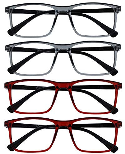 OPULIZE Ink Lessebrille 4er Pack Groß Rechteckig Rahmen Federscharniere Kratzfest Grau Rot Herren Damen RRRR4-77ZZ +3.00