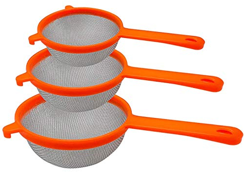 e!Orion Juego de 3 colador de Alimentos, colador de plástico Fino, Duradero, Juego de coladores de Malla Fina, colador de harina, colador de tamiz con Borde de Cocina - 8cm, 10cm, 12cm