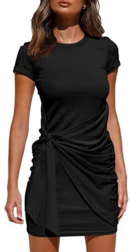 BTFBM Women 2026 Spring Casual Short Sleeve Ruched Bodycon Tank T Shirt Dress Tie Waist Sun Beach Summer Mini Dresses(Short Sleeve Black, Large)