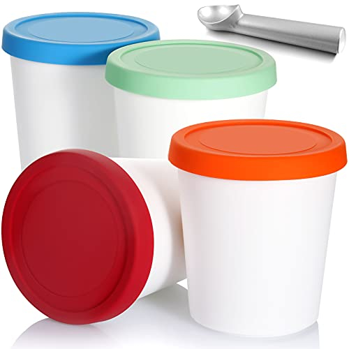 Lot de 5 récipients de congélation de 1 l avec couvercles en silicone et cuillère pour crème glacée maison, sorbet et gelato, passent au congélateur et au lave-vaisselle (bleu, rouge, vert, orange)