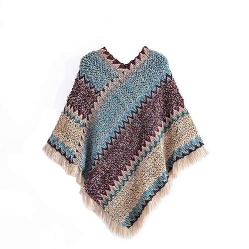Poncho à franges pour femme - Col en V - Ample - Sans manches - Ourlet irrégulier - Pull décontracté - Capes enveloppantes - Hauts en tricot, Gris/bleu, Medium