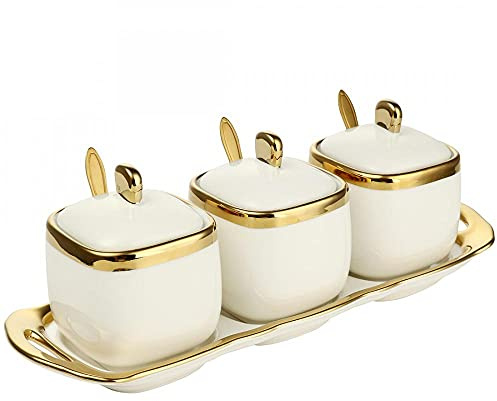 Set of 3 Porcelain Condiment Jar Spice Container with Lids, Ceramic Sugar Bowls Condiment Pots Spice Jars Seasoning Box Set, Best Spice jar for Your Home, Kitchen, Counter (White suit)