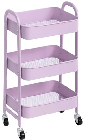AGTEK 3 Tier Utility Rolling Cart with Lockable Wheels, Metal Multifunctional Storage, Organizer Cart for Kitchen, Office, Living Room, Makeup, Craft, Art Studio, Purple