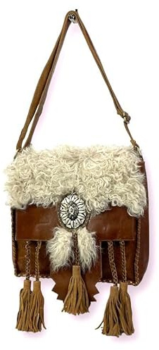 énvo - Bolso Bandolera Estilo Bohemio para Mujer, Hecho a Mano de Piel Auténtica, con Piel de Borrego y Flecos, con Solapa de Cierre Magnético