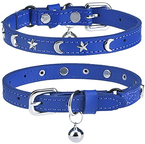 DILLYBUD Collari in pelle per gatti con campana e cintura elastica di sicurezza, collare personalizzato con fibbia di sicurezza regolabile a forma di stella e luna, per gattini piccoli e grandi,