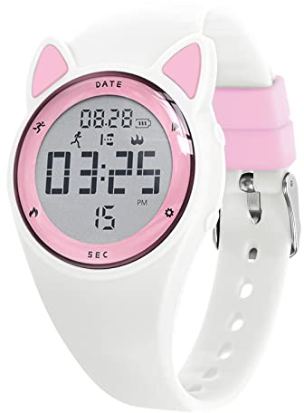 Bigmeda Kinder Armbanduhr Wasserdicht Digitaluhr Vibrationswecker Schritt- und Kilometerzähler, Schlafüberwachung Geeignet für Jungen und Mädchen im Alter von etwa 10 Jahren (HuiPED-Weiß Rosa)
