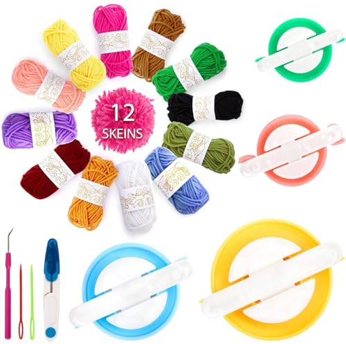 VGOODALL 20PCS Pom Pom Maker Craft Kit, for Winter Hat & Scarf, with 12 Colorful Yarns, 4 Size Knitting Makers, DIY Easter Gifts & Adults Beginners