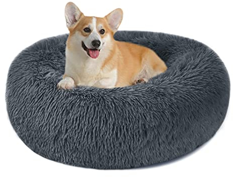 Hundebett Katzenbett Flauschig Rund aus Plüsch - Donut Kuscheliges Hundekissen Hundekorb Waschbar S/M/L/XL/XXL für Kleine, Mittelgroße & Große Hunde, Katzen und Andere Haustiere (L-60cm, Dunkelgrau)