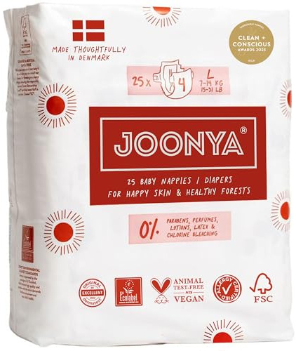 Joonya Baby Diapers, Size 4 L (15-31 lb) - 1 Bag of 25 - Non Toxic, Eco-Friendly, High Absorbency, Overnight Use, Ultra Slim & Soft - Made in Denmark