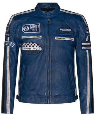 Infinity Leather Chaqueta para hombre de cuero Azul con insignias Racing Moto XS