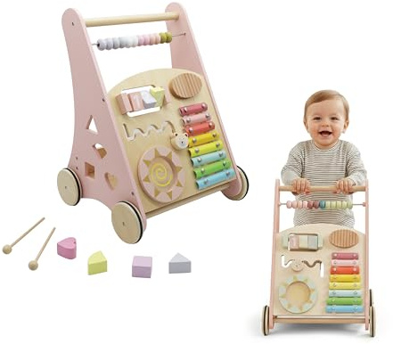 Buddy Baby - Andador de Madera Montessori - Desde 12 meses - Panel interactivo (xilófono, puzzle, espejo, engranajes) - Cajón trasero - Ruedas goma antideslizantes - No daña el suelo