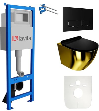 Lavita LAV 101 - Elemento da parete per WC 40 cm + parete sospesa per WC SOFI SLIM GOLD/BLACK senza bordi + pannello di controllo LAV 200.3.4 nero, set completo | cassetta di risciacquo da incasso |