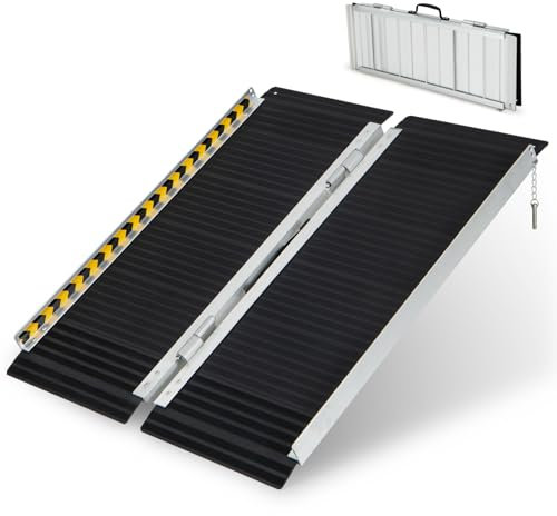 COSTWAY 3FT/4FT/5FT/6FT Wheelchair Ramp, Folding Portable Aluminum Ramp with Transition Plate and Reflective Warning Stickers, Non-Slip Threshold Ramp for Home, Steps & Stairs, 272kg Capacity (3FT)