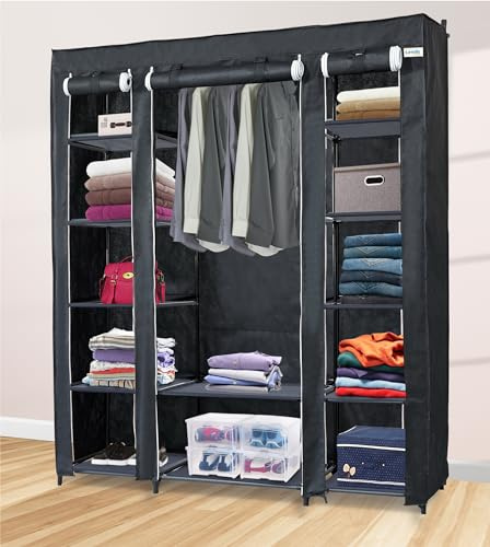 Lendo Online - Vikbar garderob – garderob med hängskenor – förvaringsskåp – campingskåp – campingskåp – 145 x 44 x 170 cm – svart