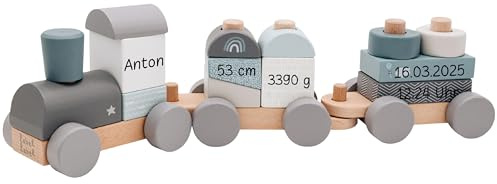 wunderwunsch Personalisierte Holz Eisenbahn Kinder - Geburtstagszug - Zug Baby Eisenbahn - Holzzug Personalisierte Geschenke Baby Spielzeug 1 Jahr Motorikspielzeug (blau, mit Name)