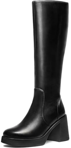 Choiran Black Knee High Boots for Women - Wide Calf Platform Tall Boots Square Toe Chunky Block Heeled Gogo Boots B 5