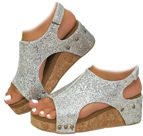 Whimsyard kvinnors läder kil ortopediska sandaler, bred plattform kilsandaler, kvinnors öppen tå spänne ankelrem sommar plattform bröllop sandaler s, Paljett silver, 6.5 UK Wide