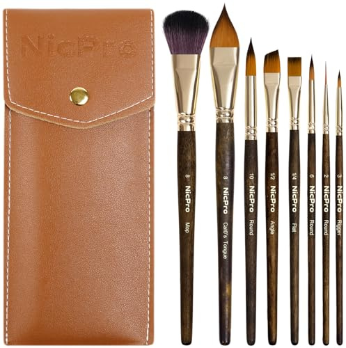 Nicpro 8Pcs Watercolor Paint Brushes Professional, Travel Paint Brush Set | Sable-like Synthetic Paintbrushes for Artist & Beginners with Flat Round Angle Mop Cats Tongue for Water Color, Gouache Ink