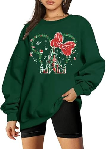 Ladicme Magical Sweatshirts for Women Oversized Cute Graphic Shirts Xmas Holiday Long Sleeve Pullover Tops Green