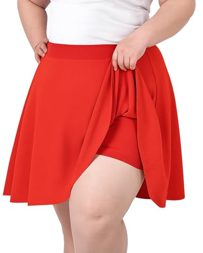 LEACOOLKEY Taglie Forti Gonna Skater Donna Corta Minigonna Tennis, Vita Alta A Line Elastica con Pieghe e Shorts Integrato,Rosso,XL (Taglie Forti)