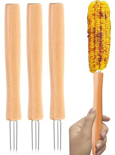 Soporte para mazorcas de maíz, tenedor para barbacoa de madera con 3 dientes, cuatro soportes para maíz, para asar en la barbacoa, en casa, jardín, camping