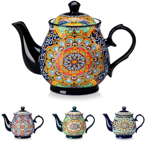 vancasso SIMI 28 oz Porcelain Teapot, Bohemian Ceramic Tea Pot with Regal Bloom Pattern, Microwave & Dishwasher Safe