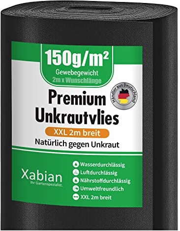 Xabian Anti Unkrautvlies 150g/m² Gartenvlies extra breit 2m x 50m = 100m² Premium Unkrautfolie wasserdurchlässig, Unkrautflies extrem reißfest & hohe UV-Stabilisierung
