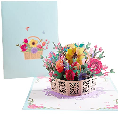 Biglietto Floreale Pop-Up, Carta 3d Festa Della Biglietto D'auguri Fiore 3D, Biglietto Fiori Pop-Up Biglietto Auguri Compleanno 3D Decorative Cesto di Fiori Colorati Biglietto Pieghevole
