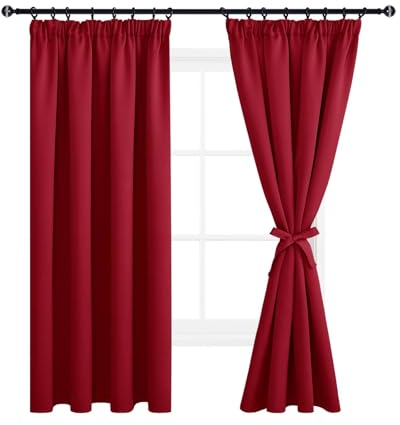 DWCN Fensterdeko Vorhänge mit Kräuselband 2er Set H 175 x B 140 cm, Blickdicht Wohnzimmer mit Vorhang-Krawatten, Verdunkelungsvorhang Gardinen Thermogardine Wärmeisolierend, Rot