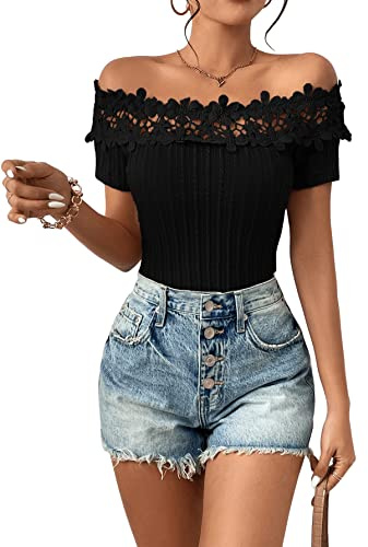 GORGLITTER Camiseta con encaje para mujer, hombros descubiertos, top de encaje para verano, elegante tops con encaje, Negro , S