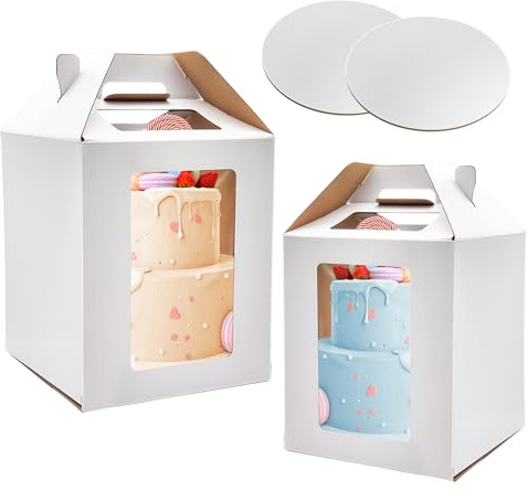 KBG Tall Cake Boxes with Window, Tiered Cake Boxes 10x10x12 & 12x12x14 Inch, Cake Carrier with 2 Cake Boards, Disposable Containers for 10 & 12 Inch