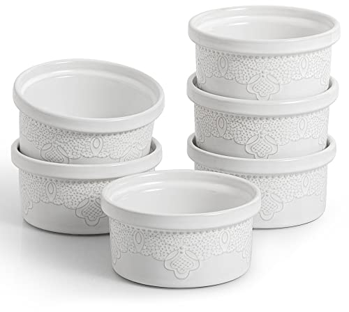 FE Ceramic Ramekins, Souffle Dishes, Lace Embossed Creme Brulee Dishes, 240 ml for Soufflé, Cupcakes and Pudding, Set of 6, White