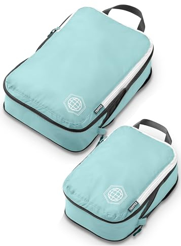 Compression Packing Cubes for Travel, 2-Piece Lightweight Packing Cubes Set for Carry-On Luggage & Backpacks – TRIPPED Travel Gear (Dusty Teal/White)